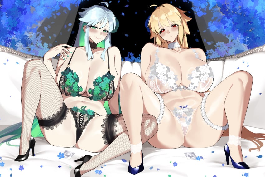 2girls archetype_earth arcueid_brunestud asscheeks bare_shoulders bed big_breasts blonde_hair blush bra breasts breasts_bigger_than_head cleavage colored_inner_hair condom_wrapper fate/grand_order fate_(series) ginormous_breasts green_eyes green_hair heels highres huge_breasts indoors inviting_to_sex kukulkan_(fate) large_breasts lingerie long_hair looking_at_viewer meaty monkey_jon multicolored_hair multiple_girls navel panties plump red_eyes seducing smile spread_legs tagme thick_thighs thighhighs tsukihime tummy underwear venus_body white_hair