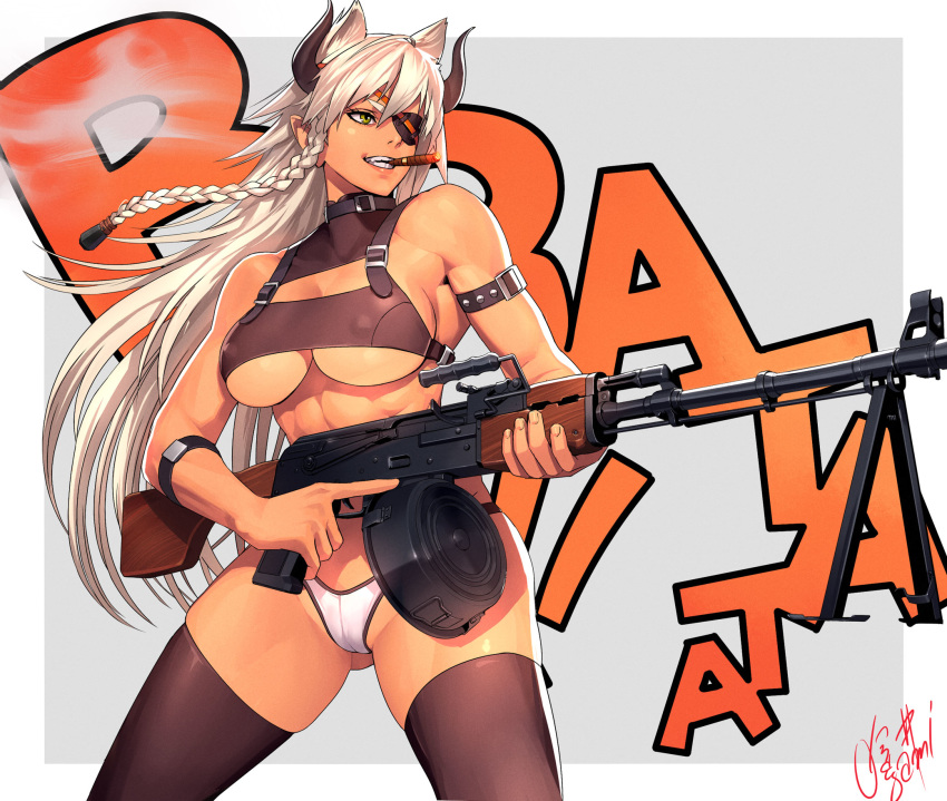 cameltoe cigar eye_patch gun long_hair muscular_female ogami smoking trigger_discipline underboob