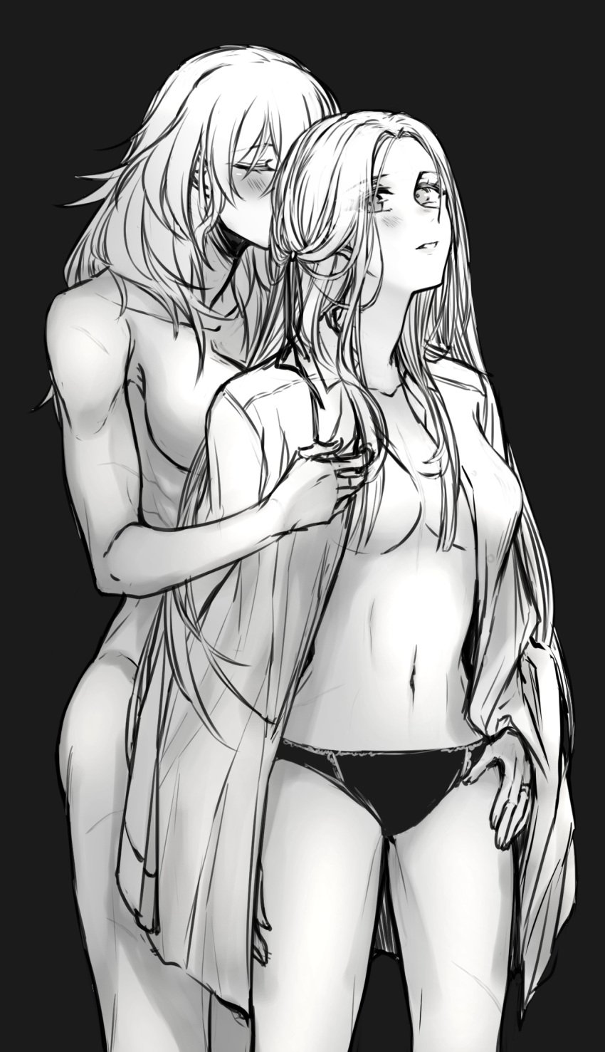 black_and_white blush byleth_(fire_emblem) byleth_(fire_emblem)_(female) coat coat_on_shoulders edelgard_von_hresvelg fire_emblem fire_emblem:_three_houses half-dressed half_naked hugging hugging_from_behind kissing naked naked_female piiroinardesco scars scars_on_arm scars_on_chest scars_on_thighs simple_background smaller_female taller_girl thong