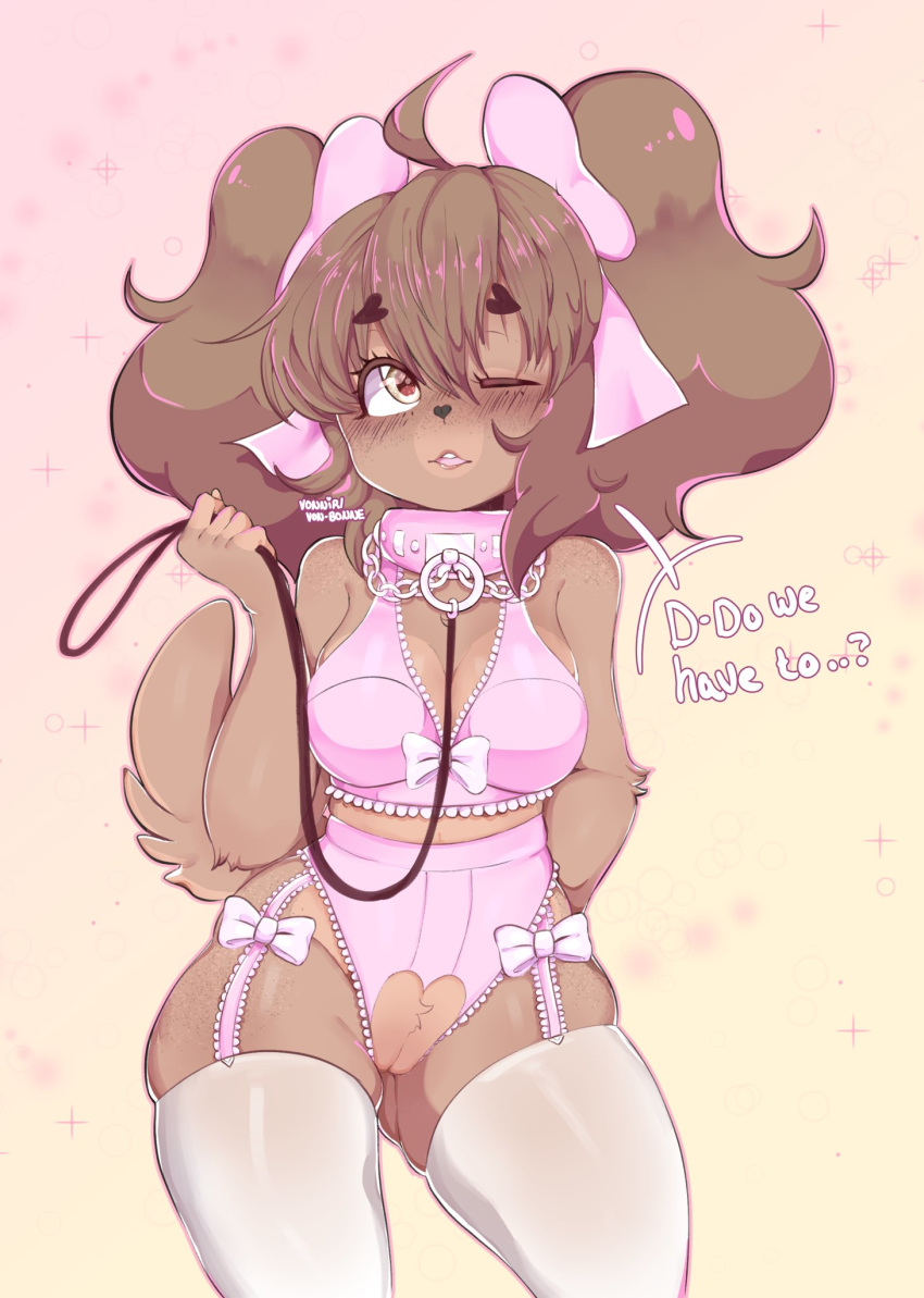 ? accessory anthro blush breasts canid canine canis clothed clothing collar dialogue domestic_dog english_text female fur furry furry_only hair hair_accessory hair_ribbon hairbow hi_res latte_(vonnir) leash legwear mammal one_eye_closed open_mouth pussy ribbons shih_tzu simple_background solo tail text thick_thighs toy_dog vonnir wide_hips