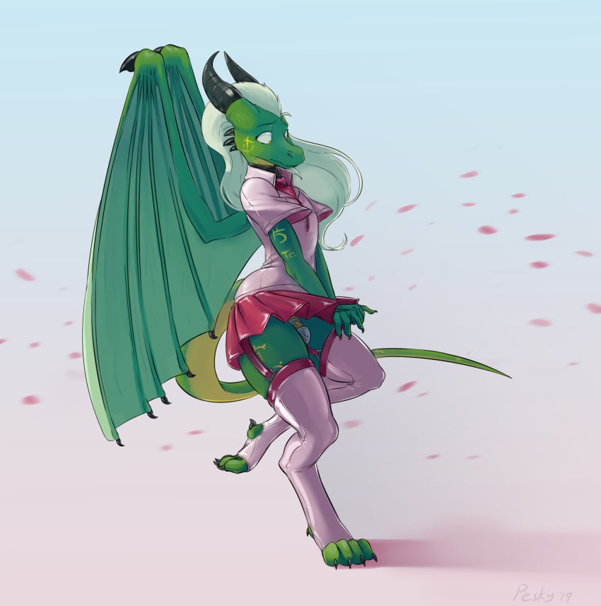 1boy accidental_exposure anthro bottomless_skirt bottomwear chastity_cage chastity_device clothed clothing collar crossdressing dragon fully_clothed garter_belt garter_straps green_tail hair hi_res legwear long_hair male male_only membrane_(anatomy) membranous_wings no_panties no_underwear penis peskybatfish raised_clothing raised_skirt scalie sex_toy skirt skirt_lift solo stockings trap wardrobe_malfunction western_dragon wind_lift wings