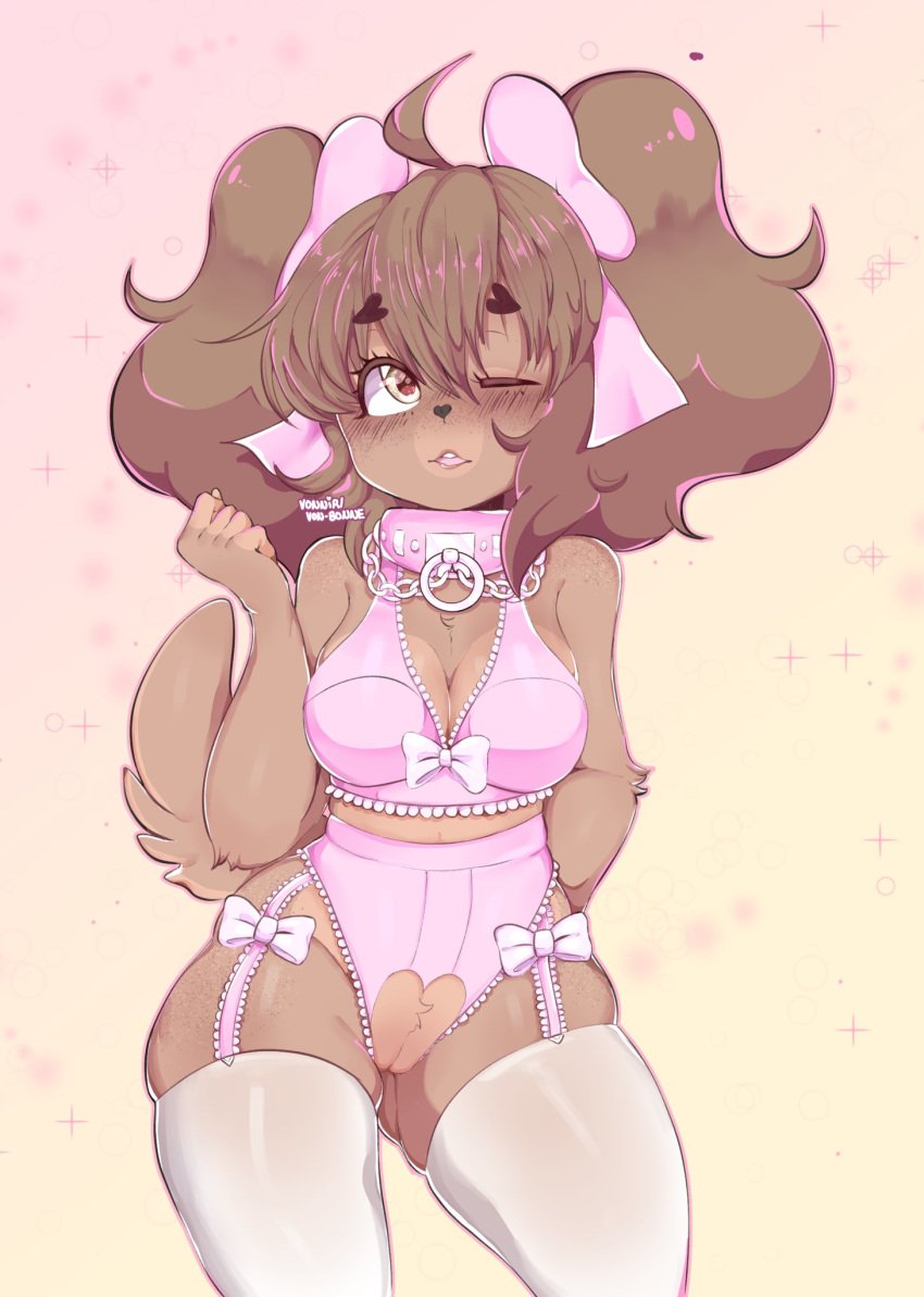 accessory anthro blush breasts canid canine canis clothed clothing collar domestic_dog female fur hair hair_accessory hair_ribbon hairbow hi_res latte_(vonnir) legwear mammal one_eye_closed open_mouth pussy ribbons shih_tzu simple_background solo toy_dog vonnir