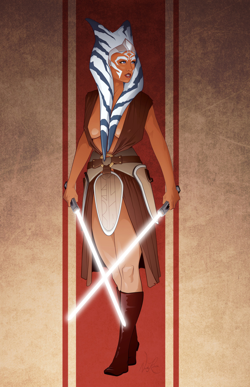 1girls ahsoka_tano alien blue_eyes breasts clothed clothing female_focus female_only head_tails lightsaber looking_away medium_breasts nerdyrotica nipple_bulge orange_skin revealing_clothes sideboob simple_background solo star_wars star_wars_rebels togruta white_lightsaber