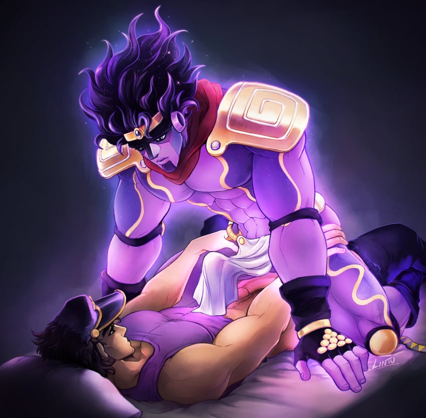 2boys black_hair covered_penis erection erection_under_clothes fingerless_gloves gay glowing highres imminent_sex jojo's_bizarre_adventure jotaro_kujo lintufriikki loincloth on_back on_top_of penis purple_skin stand_(jjba) standcest star_platinum stardust_crusaders yaoi