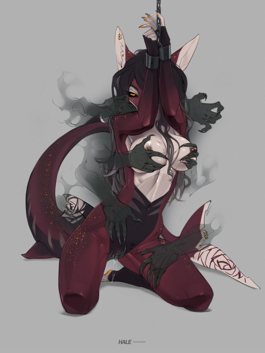 3:4 anthro belly black_sclera blood bodily_fluids bondage bound breast_grab breast_squeeze breasts chained chains claw_marks claws clothed clothing cuff_(restraint) curvy_figure dark_hair disembodied_hand dripping ear_piercing erect_nipples female fin fin_piercing finger_fuck fingering fingers fish furgonomics furry-specific_piercing genital_fluids genitals ghost_hand hair hale. hand_on_belly hand_on_breast hand_on_cheek hand_on_leg hand_on_thigh hands_above_head heart_(marking) hi_res highlights_(coloring) hourglass_figure kneeling looking_at_viewer marine markings medium_breasts messy_hair midriff narrowed_eyes navel nipple_piercing nipples no_underwear non-mammal_breasts nude one_eye_obstructed orange_eyes penetration piercing questionable_consent red_body red_skin restrained restraints rose_(kamikazekit) shark small_waist solo spread_legs spreading squeezing vaginal_fluid_drip vaginal_fluid_string vaginal_fluids vaginal_fluids_on_ground vaginal_penetration vaginal_penetration white_markings wide_hips wrist_cuffs