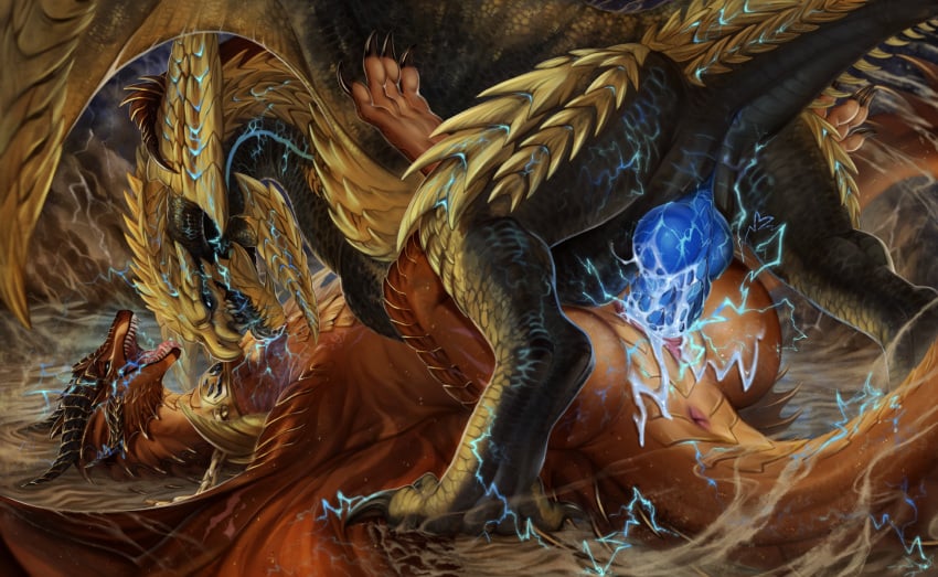 absurd_res anus bodily_fluids capcom cum duo erection female feral flying_wyvern genital_fluids genitals hi_res horn male male/female monster_hunter nude penetration penis pussy rey_dau scales scalie sex vulva wings yellow_body zenvist