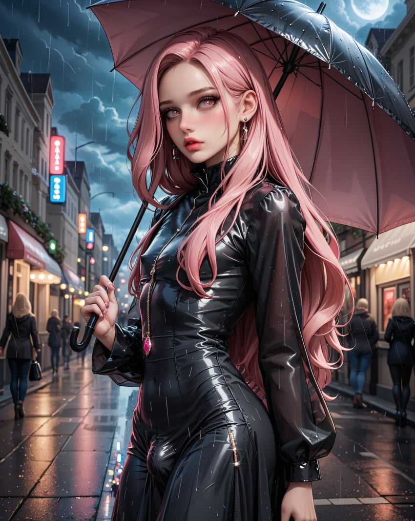 ai_generated black_dress femboy futanari intersex lacrinar pink_eyes pink_hair rain umbrella wet