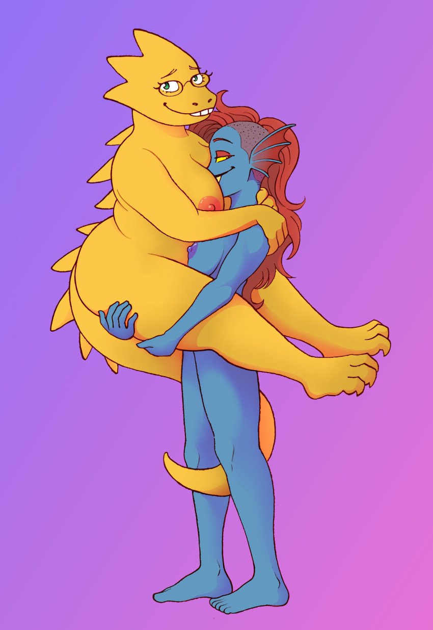 2girls alphys ass barbanova breasts carrying_partner chubby deltarune female furry had_a_dream_everyone_was_drawing_lesbian_ships_like_this_(meme) nude tagme undertale undyne yuri