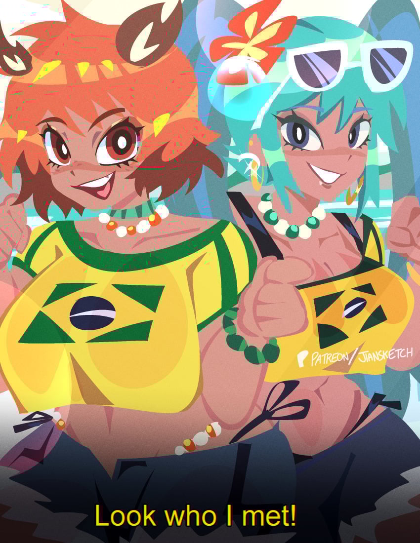 2girls aqua_eyes aqua_hair bead_necklace beads booty_shorts bracelet brazilian_flag brazilian_miku breasts brown_eyes choker crossover dialogue earrings female female_focus female_only flag_print flower flower_in_hair freckles freckles_on_face hatsune_miku hi_res jiansketch marvel marvel_comics marvel_rivals midriff midriff_baring_shirt navel necklace orange_hair patreon patreon_username shirt short_hair shorts squirrel_girl_(marvel) squirrel_girl_(marvel_rivals) tanned tanned_female tanned_skin variant_set vocaloid