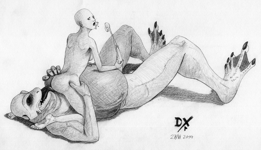 2019 4_fingers 5_toes 69_position absurd_res amphibian anthro ass bald barefoot belly biceps big_feet bodily_fluids breasts claws cum cum_in_mouth cum_inside cumshot cunnilingus dated dekxer dot_eyes earhole ejaculation eyebrows feet female fingers genital_fluids graphite_(artwork) hand_on_butt hand_on_stomach hatching_(art) hi_res horizontal_pupils human humanoid_hands larger_anthro larger_male licking looking_back lying male mammal membrane_(anatomy) monochrome nude on_back oral orgasm pencil_(artwork) penis plantigrade sex side_boob simple_background size_difference smaller_female smaller_human snout spitting spread_legs spreading straight tapering_penis teeth toe_claws toes tongue tongue_out traditional_media_(artwork) vaginal_penetration webbed_feet