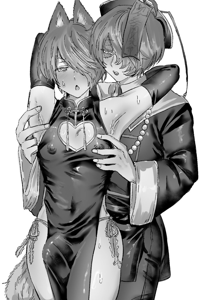 2boys alternate_costume animal_ears armpit_crease armpit_fetish armpits arms_up blush bulge china_dress chinese_clothes cleavage_cutout crossdressing dual_persona elbow_gloves femboy gay gegege_no_kitarou gloves hair_over_one_eye jiangshi jiangshi_costume kemonomimi kitarou male male_only monochrome nipple_bulge ofuda pelvic_curtain selfcest short_hair side-tie_panties sweat tail twink tyamesi_daze wide_hips yaoi