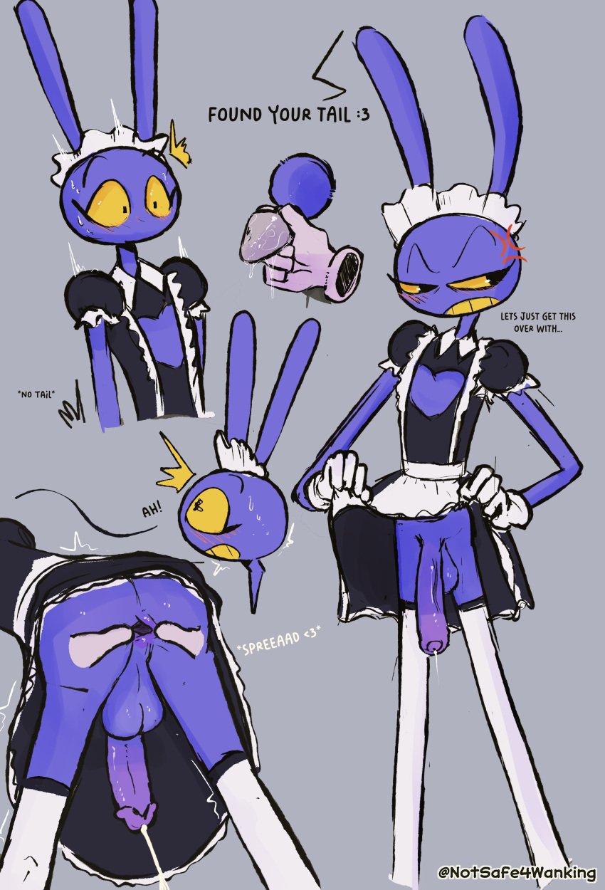absurd_res anthro anus ass balls bodily_fluids buttplug canid canine clothed clothing digital_media_(artwork) english_text erection female fur genital_fluids genitals glitch_productions gloves hand_on_butt handwear hi_res humanoid jax_(tadc) lagomorph leporid maid_uniform male male_only mammal notsafeforwanking penetration penis plug_(sex_toy) presenting purple_body rabbit sex_toy simple_background smile solo spread_anus spread_butt spreading teeth text the_amazing_digital_circus uniform
