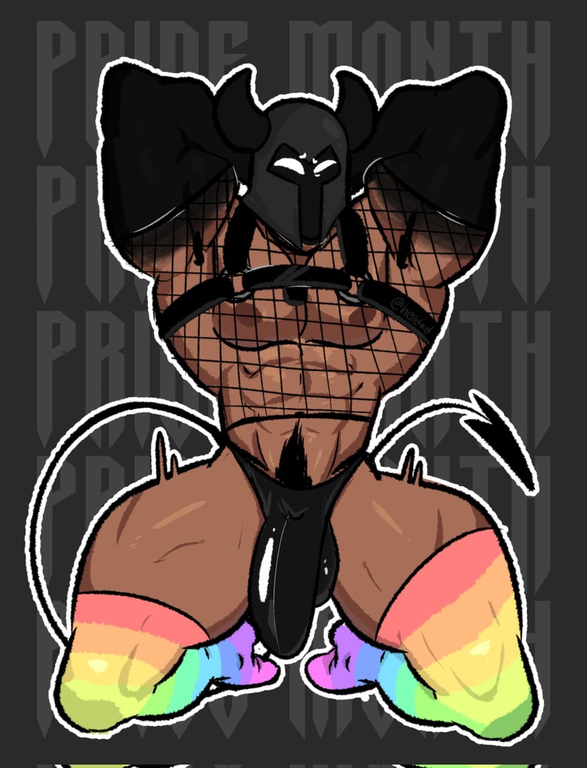 1boy abs almost_naked armpits arms_behind_head arms_up black_hair black_underwear bulge dark-skinned_male dark_skin erection_under_clothes gay gay_pride half-closed_eyes happy helldad horns humanoid kneeling knight_helmet lgbt_pride lgbt_pride_month long_tail male male_only male_pubic_hair mostly_nude muscular muscular_male muscular_thighs nipples pubic_hair rainbow_pride_colors simple_eyes socks solo solo_male stockings tail thick_thighs tights underwear youtube youtuber youtuber_boy