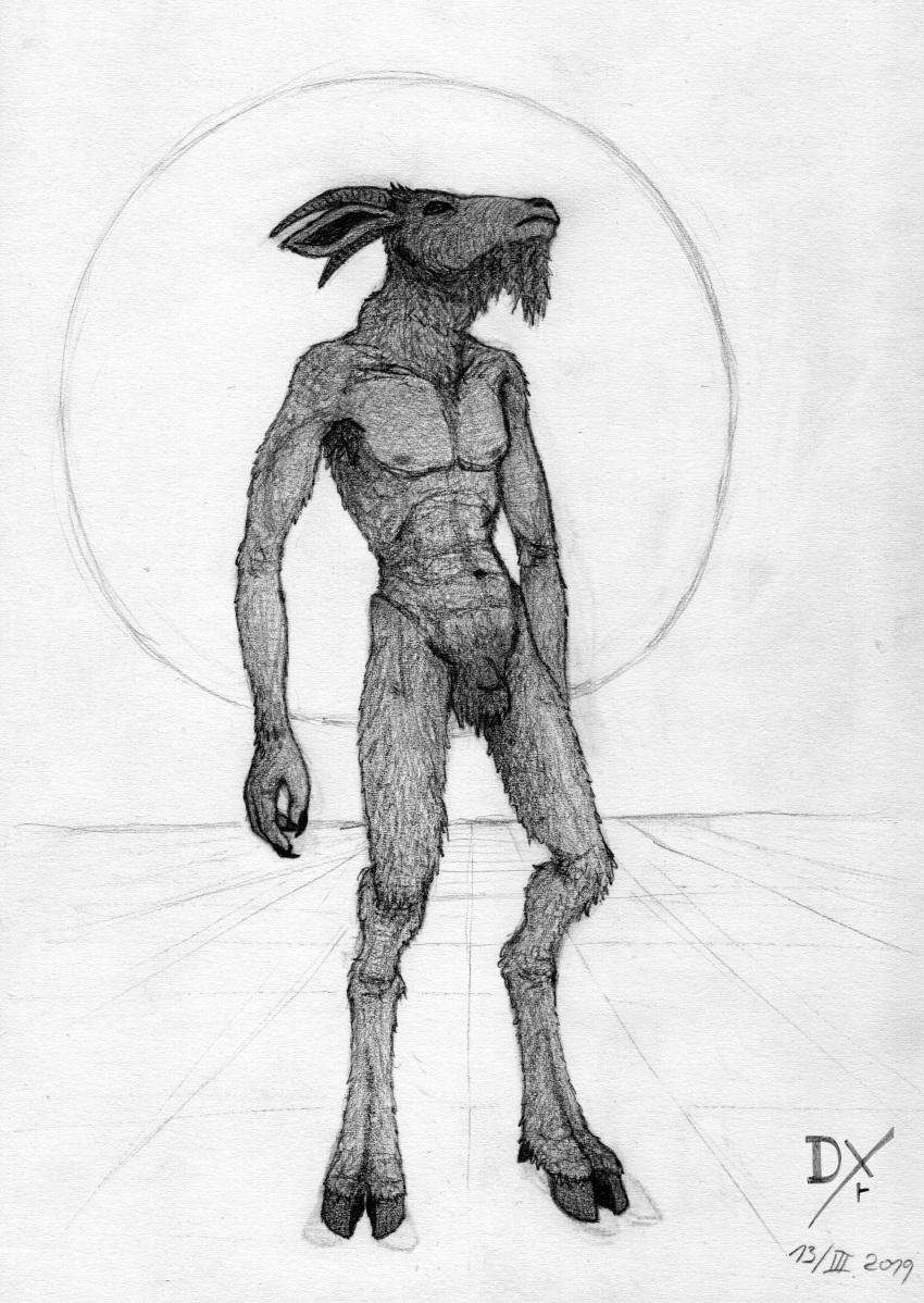 2019 absurd_res animal_humanoid anthro balls bovid caprine caprine_demon claws crotch_fur dark_fur dated dekxer demon flaccid fur fuzzy_balls graphite_(artwork) hi_res hooves horizontal_pupils horn humanoid male male_only mammal monochrome navel nipples pencil_(artwork) penis simple_background solo standing traditional_media_(artwork)