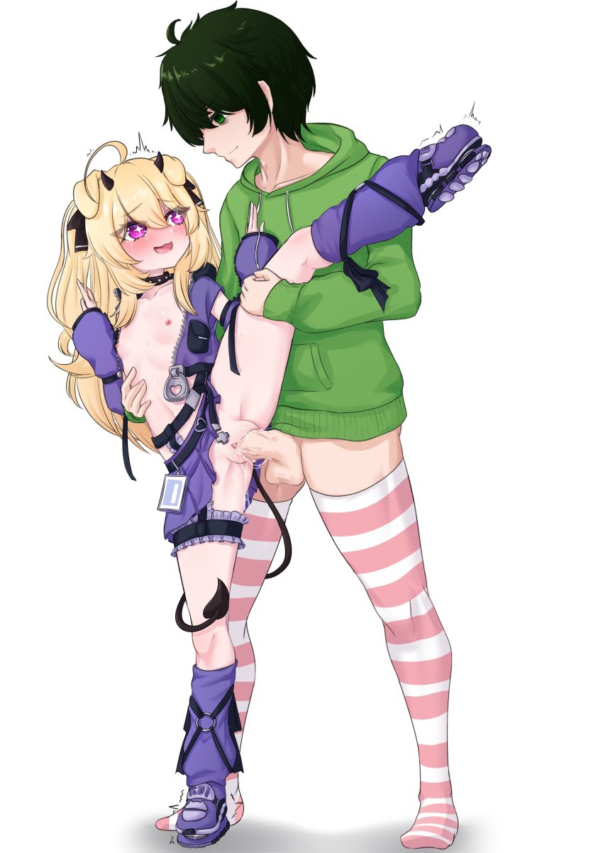 1boy 1boy1girl 1girls blonde_hair blush blushing cerbervt collar demon_girl devil_horns devil_tail dog_ears dog_girl eyebrows_visible_through_hair flat_chest green_eyes green_hair hellhound holding_leg hoodie horns indie_virtual_youtuber leg_up open_jacket purple_eyes ribbons ritspi sex small_breasts sparkling_eyes tail_wrap tears tears_of_pleasure thigh_highs vedal987 virtual_youtuber vtuber