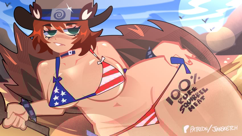 1girls american_flag american_flag_bikini big_breasts bikini bikini_bottom bikini_top blue_sky bracelet bracelets breasts brown_hair choker cowboy_hat female female_focus female_only green_eyes hat hi_res jiansketch marvel marvel_comics marvel_rivals navel patreon patreon_username sky squirrel_girl_(marvel) squirrel_girl_(marvel_rivals) squirrel_tail swimsuit thick_thighs thighs two-piece_swimsuit variant_set