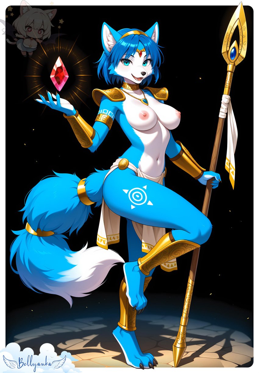 1girls anthro blue_eyes blue_fur blue_hair breasts canine female fox jewel krystal loincloth looking_at_viewer nintendo staff standing_on_one_leg star_fox star_fox_adventures tagme white_fur