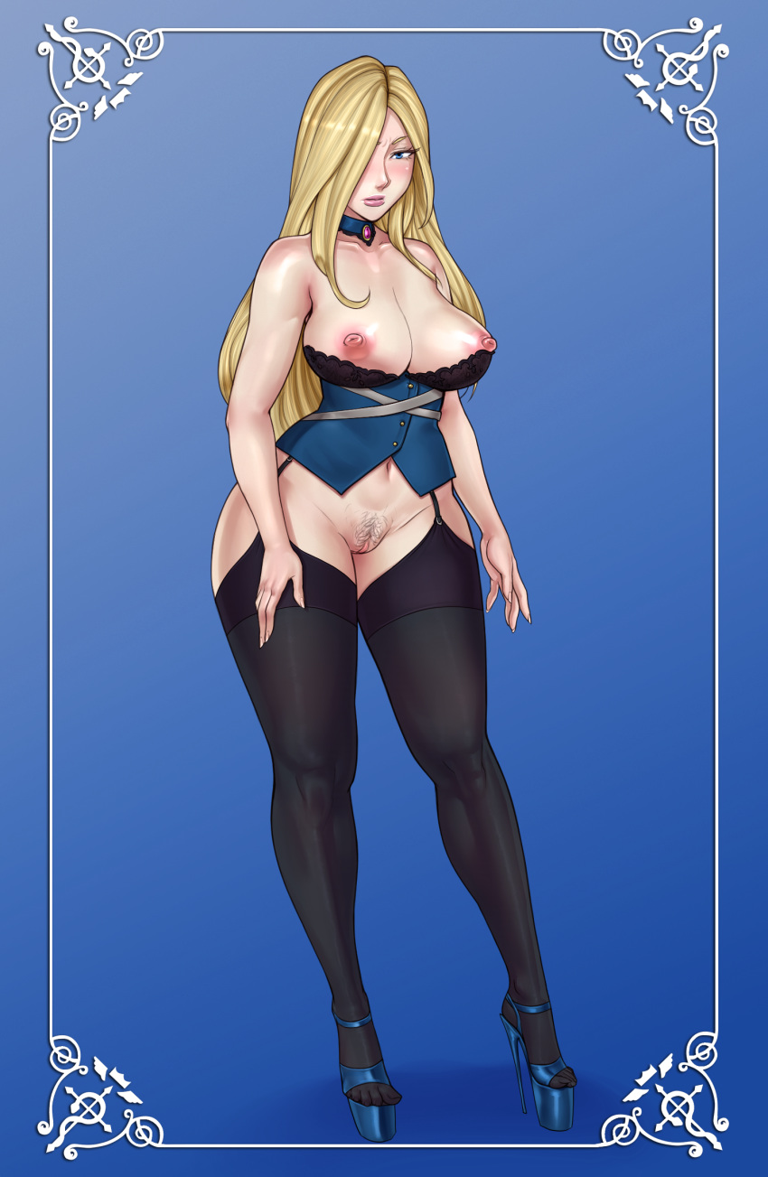 bare_arms bare_shoulders big_lips bimbo black_bra black_legwear blonde_hair blue_background blush bottomless bra breasts choker cleavage closed_mouth collarbone female full_body fullmetal_alchemist garter_straps hair_over_one_eye high_heels highres large_breasts legoman lingerie lips long_hair looking_at_viewer navel nipples olivier_mira_armstrong open_toe_shoes platform_heels pubic_hair pussy revealing_clothes shunori simple_background solo standing stiletto_heels strapless thick_lips thick_thighs thighhighs thighs uncensored underwear very_high_heels