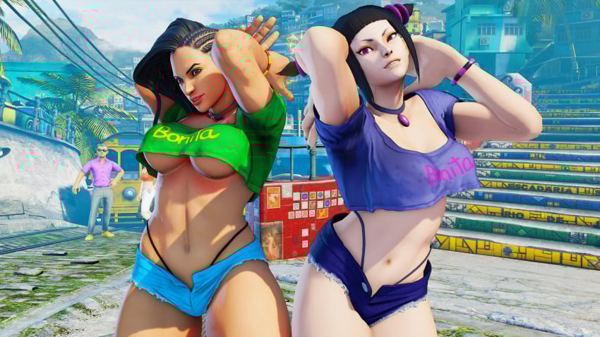 2girls 3d adnarimydeth bare_midriff black_hair busty capcom crop_top daisy_dukes female female_focus female_only g-string hourglass_figure juri_han laura_matsuda navel short_shorts street_fighter street_fighter_v tagme thong underboob wide_hips