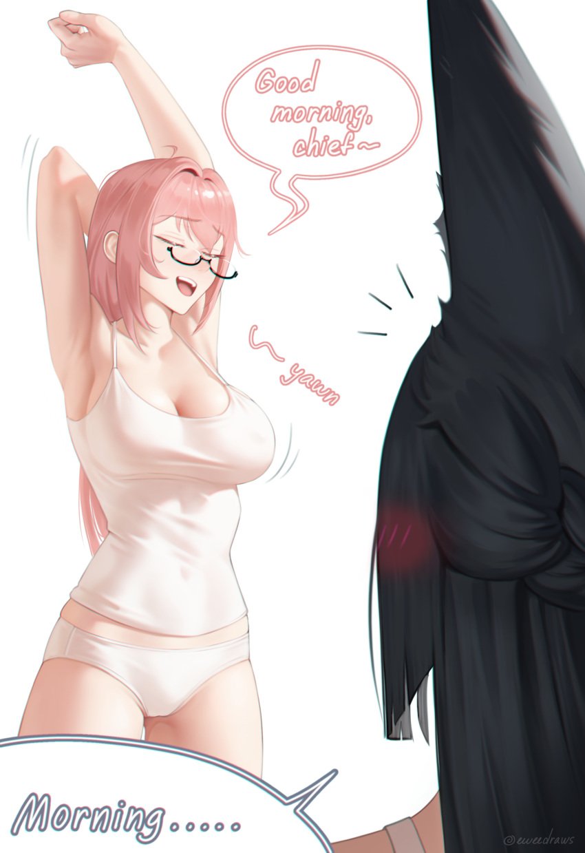 2girls :d absurdres animal_ears arm_behind_head arm_up armpits bare_arms black-framed_eyewear black_hair blunt_ends braid breasts camisole cleavage clenched_hand closed_eyes collarbone commentary embarrassed english_commentary english_text eweedraws facing_another fox_ears glasses hair_between_eyes hair_blush hair_intakes half_up_braid highres hoshimi_miyabi large_breasts long_hair midriff_peek motion_lines multiple_girls notice_lines open_mouth panties pink_hair semi-rimless_eyewear simple_background sleeveless smile sound_effects speech_bubble standing stretching teeth tsukishiro_yanagi twitter_username under-rim_eyewear underwear upper_teeth_only waking_up white_background white_camisole white_panties yawning yuri zenless_zone_zero