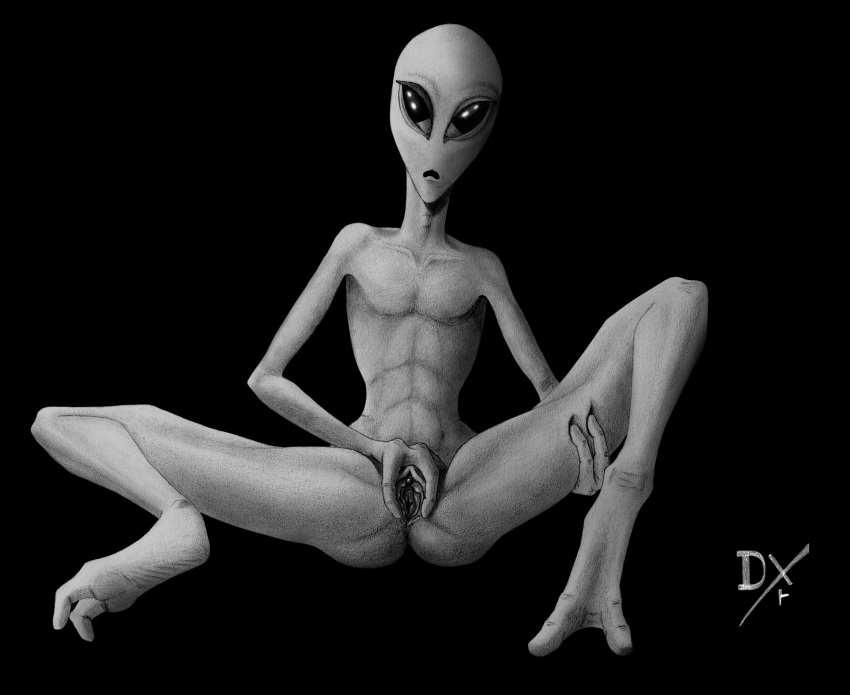 1girls 2019 2_toes 3_fingers absurd_res alien alien_girl alien_only anus ass barefoot black_eyes bodily_fluids classic_alien clitoris dekxer digitigrade empty_eyes feet female fingers genital_fluids graphite_(artwork) hand_on_thigh hi_res humanoid long_neck looking_at_viewer monochrome noseless nude pencil_(artwork) presenting presenting_pussy pussy pussy_juice simple_background solo spread_legs spread_pussy spreading toes traditional_media_(artwork)