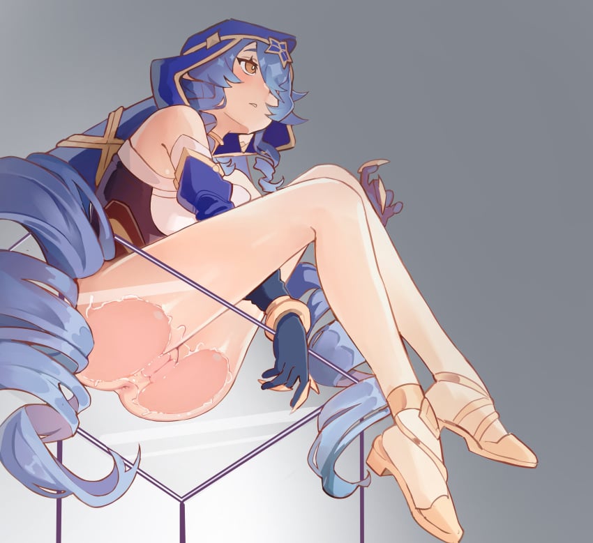 absurdres against_glass anus arm_between_legs ass_on_glass ass_press bare_shoulders bellfonts blue_hair blue_hood bottomless bright_pupils claw_ring cleft_of_venus detached_sleeves drill_hair drill_sidelocks female from_below genshin_impact gloves hair_over_one_eye highres hood hood_up jewelry layla_(genshin_impact) leaning_forward light_blush long_hair neck_ring parted_lips pussy pussy_on_glass quad_drills shoes sidelocks sitting solo twin_drills very_long_hair white_pupils yellow_eyes
