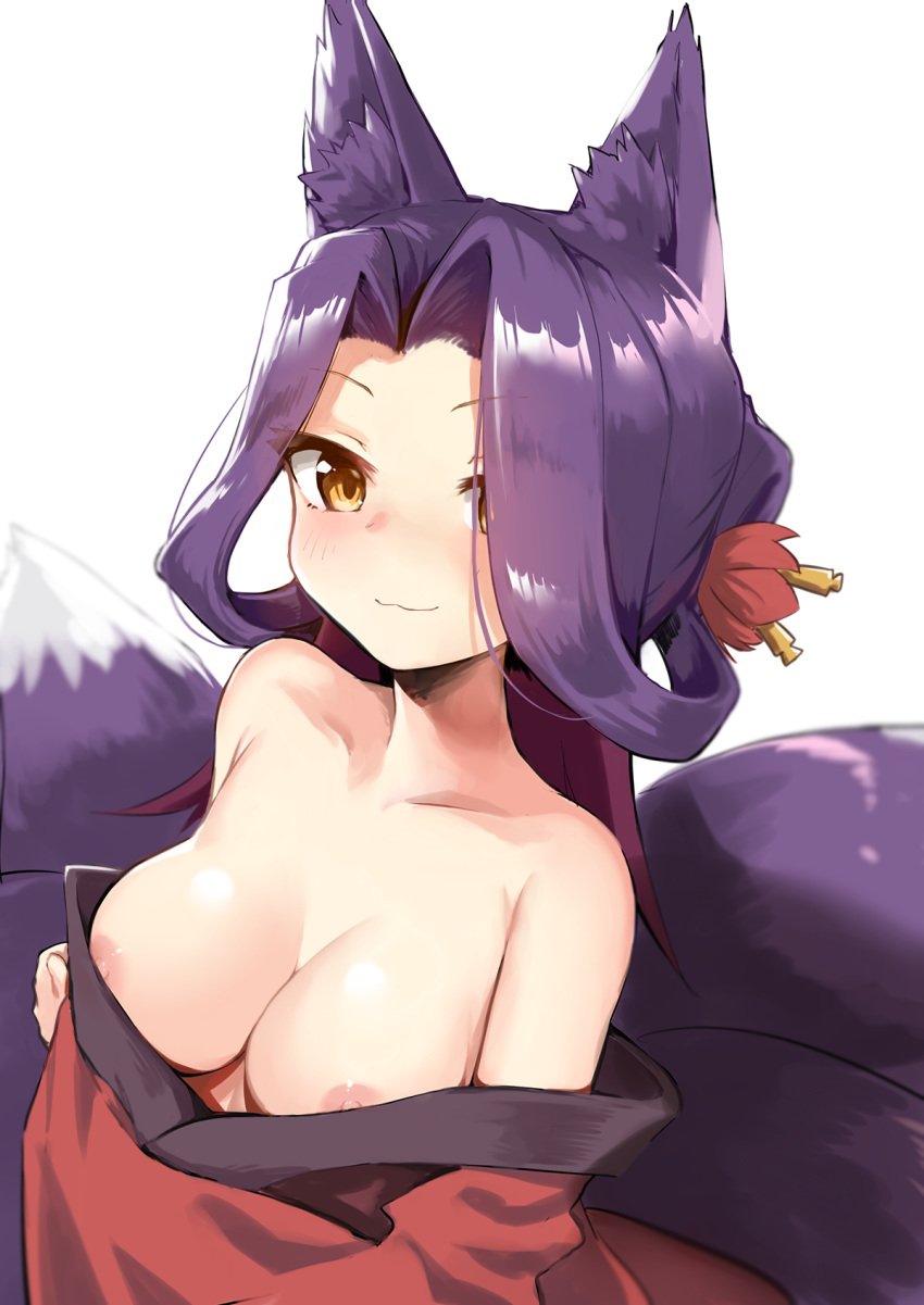 :3 animal_ear_fluff animal_ears bangs bare_shoulders blush breasts brown_eyes cleavage closed_mouth collarbone commentary_request eyebrows_visible_through_hair female forehead fox_ears fox_girl fox_tail hair_ornament hair_over_one_eye haru_(renol) highres horny japanese_clothes kimono large_breasts long_hair looking_at_viewer multicolored_hair nipple_slip nipples nipples_outside off_shoulder parted_bangs purple_hair red_kimono sewayaki_kitsune_no_senko-san simple_background smile solo sora_(sewayaki_kitsune_no_senko-san) tail two-tone_hair upper_body white_background