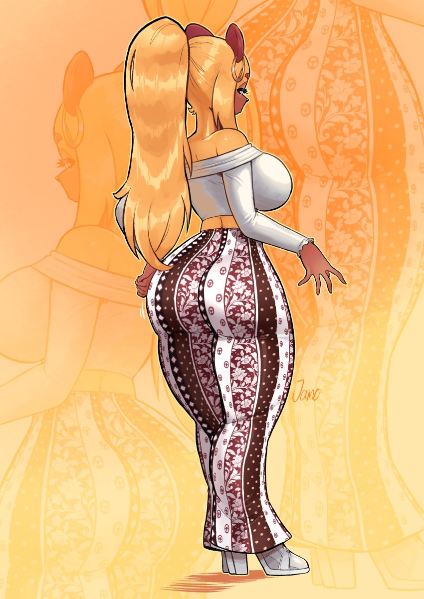 animal_humanoid ass beth_(jamoart) colored_skin deviantart_link furry jamoart no_humans non-human shirt simple_background white_shirt yellow_hair yellow_skin
