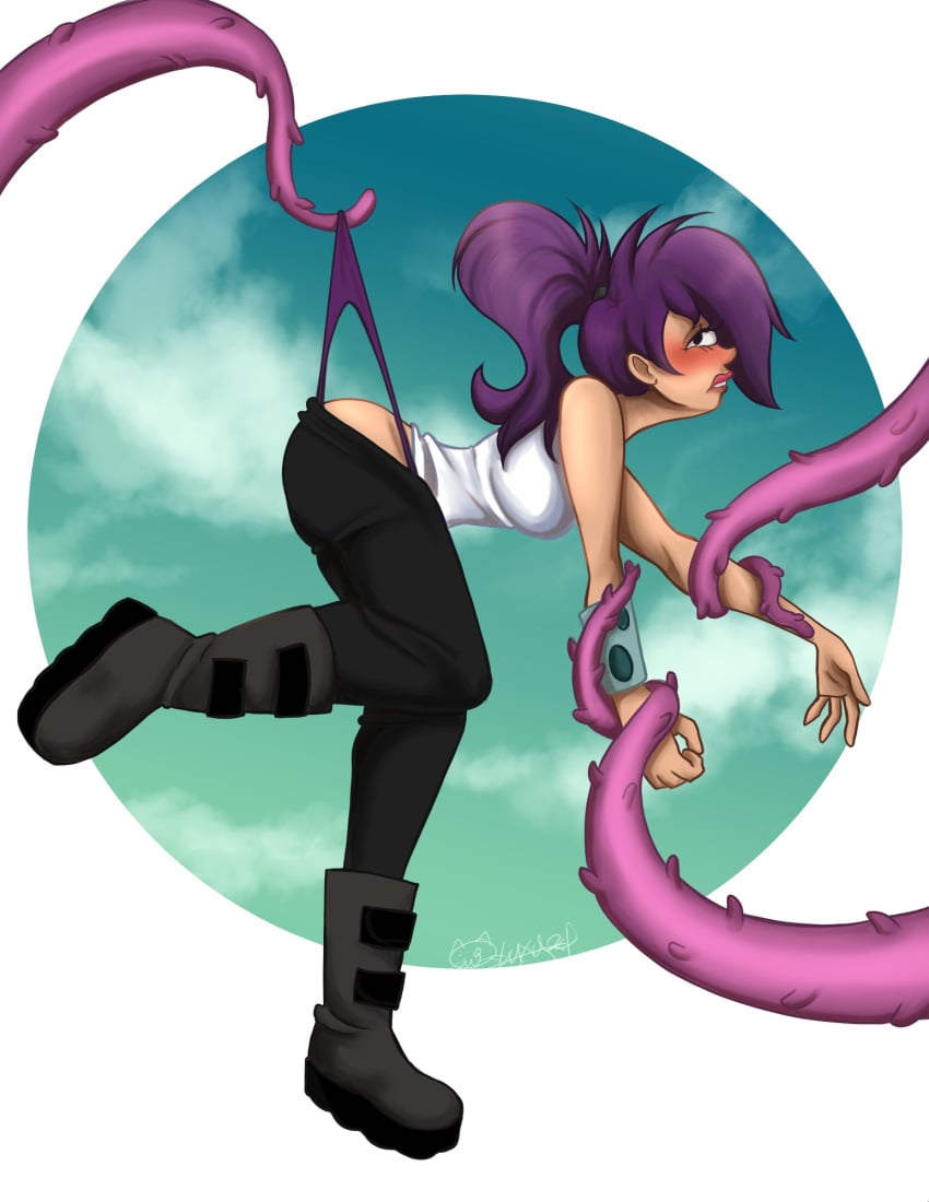 1_eye 2024 artist_signature bullying comedy_central digital_media_(artwork) embarrassed femsub futurama guernyka humiliation masochism panties purple_hair tagme tentacle turanga_leela wedgie wedgied_female