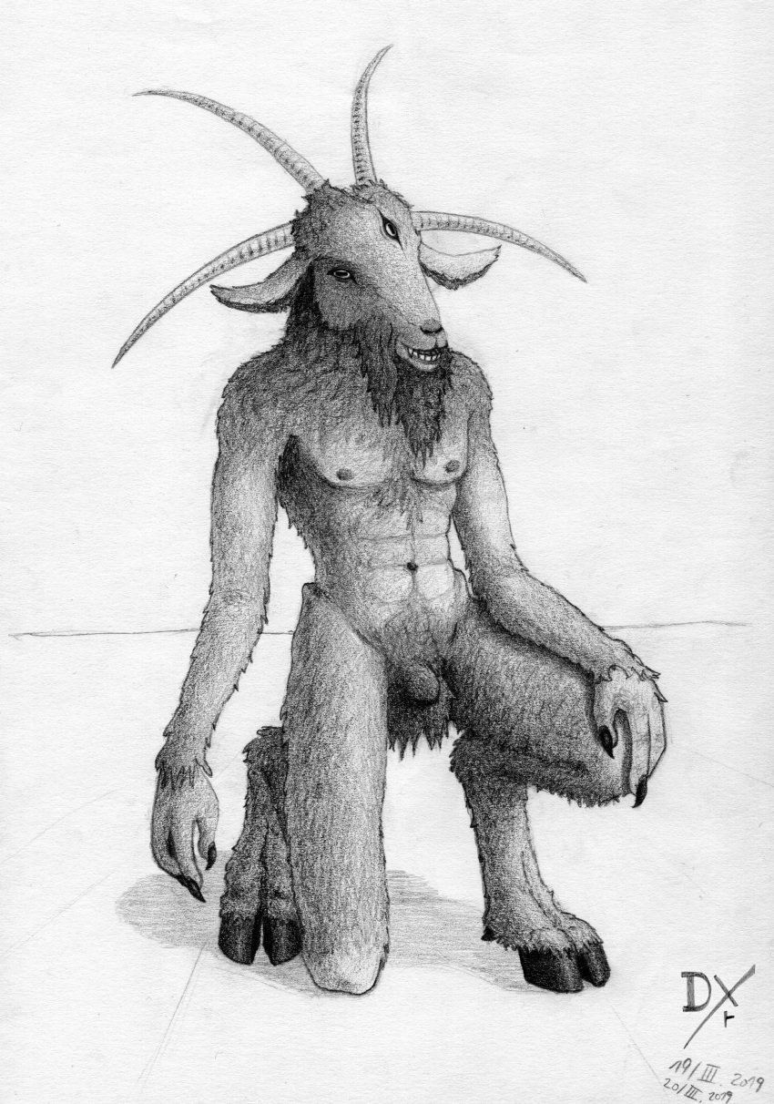 2019 abs absurd_res animal_humanoid anthro balls bovid caprine caprine_demon claws crotch_fur dated dekxer demon fangs flaccid fur fuzzy_balls graphite_(artwork) hand_on_leg hi_res hooves horizontal_pupils horn humanoid kneeling male male_only mammal monochrome navel nipples pencil_(artwork) penis teeth traditional_media_(artwork)