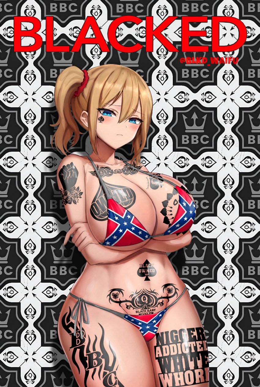 ai_generated big_breasts bikini blacked confederate_flag confederate_flag_bikini qos qos_tattoo queen_of_spades solo the_n_word thick_thighs