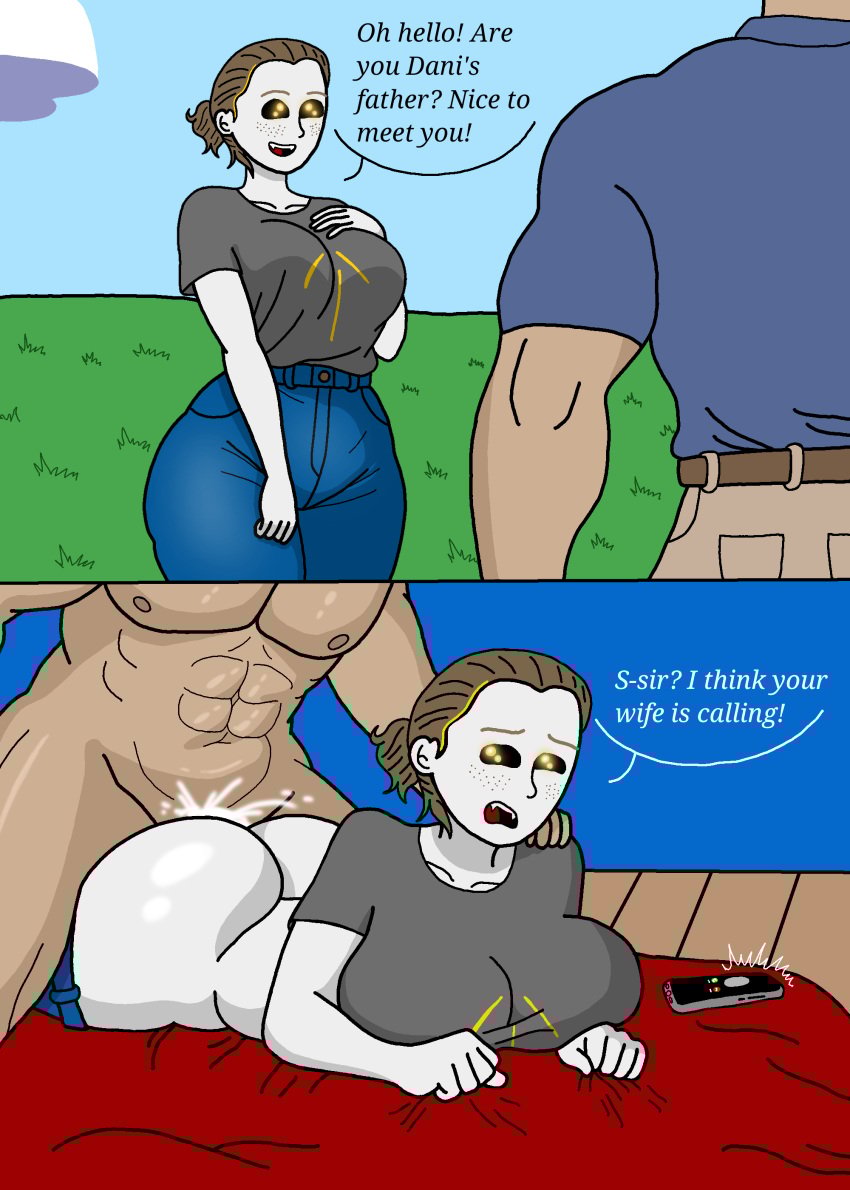 1boy 1girls 2d_(artwork) abs age_difference ambiguous_penetration bedroom big_ass big_breasts brown_hair cheating cheating_girlfriend cheating_husband clothing coondo_(dan-jzu) cucked_by_father cum cum_inside dan-jzu denim_jeans dialogue digital_drawing_(artwork) doggy_style english_text faceless_male fat_ass father father_and_son&#039;s_girlfriend femsub freckles freckles_on_face girlfriend glowing_eyes gripping_sheets huge_ass huge_breasts jeans jimmy_(dan-jzu) laying_down laying_on_bed maledom muscular_male my_dad netorare ntr oc older_male original_character pale-skinned_female pale_skin phone phone_ringing raped sex sharp_teeth shirt smartphone straight thick_thighs unseen_male_face voluptuous voluptuous_female white_skin yellow_eyes younger_female