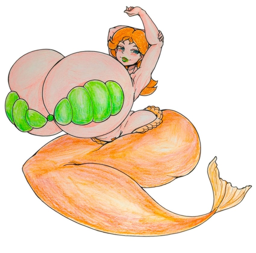 absurdres alternate_breast_size big_areola big_breasts bikini blue_eyes breast_squeeze breasts breasts_bigger_than_head breasts_bigger_than_torso breasts_out brown_hair clothing female female_only gaixas1 gaixas1draw grabbing_another&#039;s_breast grabbing_own_breast grin groping hair_ornament hat highres huge_breasts large_breasts legs looking_at_viewer mario_(series) merfolk mermaid mermaid_tail micro_bikini mostly_nude navel nintendo nude orange_hair orange_tail princess princess_daisy pubic_hair pussy shell_bikini short_hair smile solo solo_female solo_focus stockings super_mario_land swimsuit tagme tail thick_tail thick_thighs thighhighs thighs toned traditional_media watermark