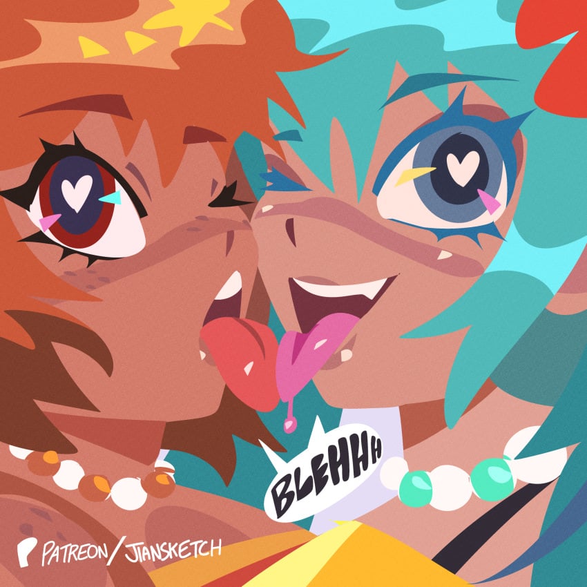 2girls aqua_eyes aqua_hair bead_necklace beads booty_shorts bracelet brazilian_miku breasts brown_eyes choker crossover dialogue earrings female female_focus female_only flower flower_in_hair freckles freckles_on_face french_kiss french_kissing hatsune_miku hi_res jiansketch kissing marvel marvel_comics marvel_rivals necklace orange_hair patreon patreon_username shirt speech_bubble squirrel_girl_(marvel) squirrel_girl_(marvel_rivals) sunglasses sunglasses_on_head tanned tanned_female tanned_skin tongue tongue_out vocaloid yuri