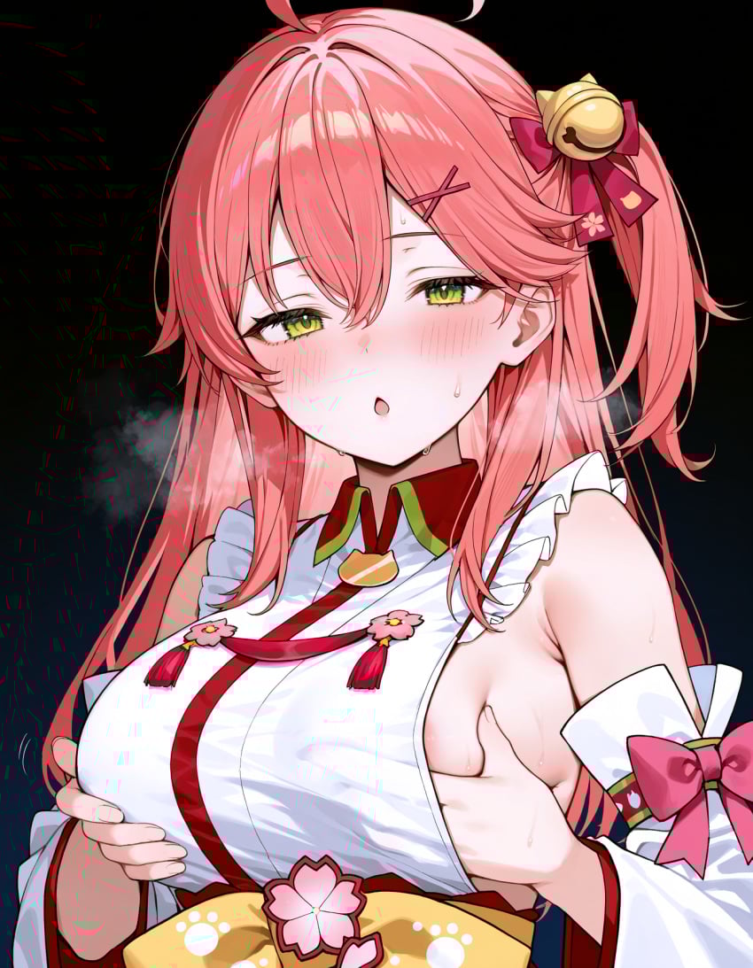 1girls ai_generated blush fondling_breast grabbing_own_breast green_eyes hololive hololive_gen_0 hololive_japan large_breasts pink_hair sakura_miko side_ponytail sideboob steam sweat virtual_youtuber