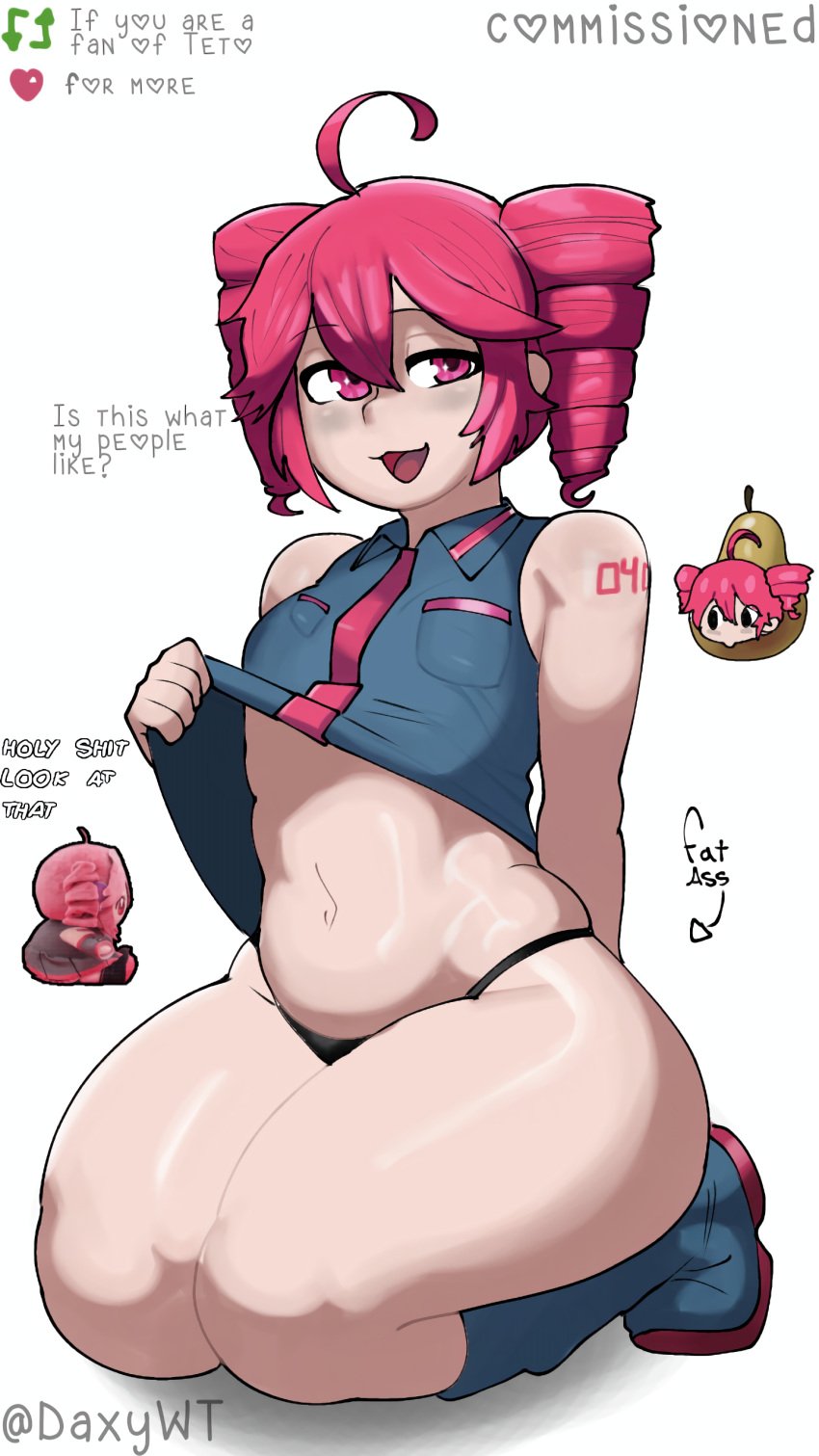 1girls ahoge arm_tattoo artist_name artist_signature belly boots bottom_heavy breasts chubby commission curvaceous curvy curvy_female curvy_figure daxywt dialogue english_dialogue english_text fat_ass fat_thighs fatass fatass_teto_plush female female_only g-string girl high_heel_boots huge_thighs kasane_teto kneeling lifting_shirt like_and_retweet navel open_mouth pearto plump plump_thighs red_eyes red_hair shiny_skin shirt_lift sitting slightly_chubby slightly_chubby_female small_breasts solo solo_female tattoo text thick_thighs thighs thong tummy twin_drills utau white_background wide_hips