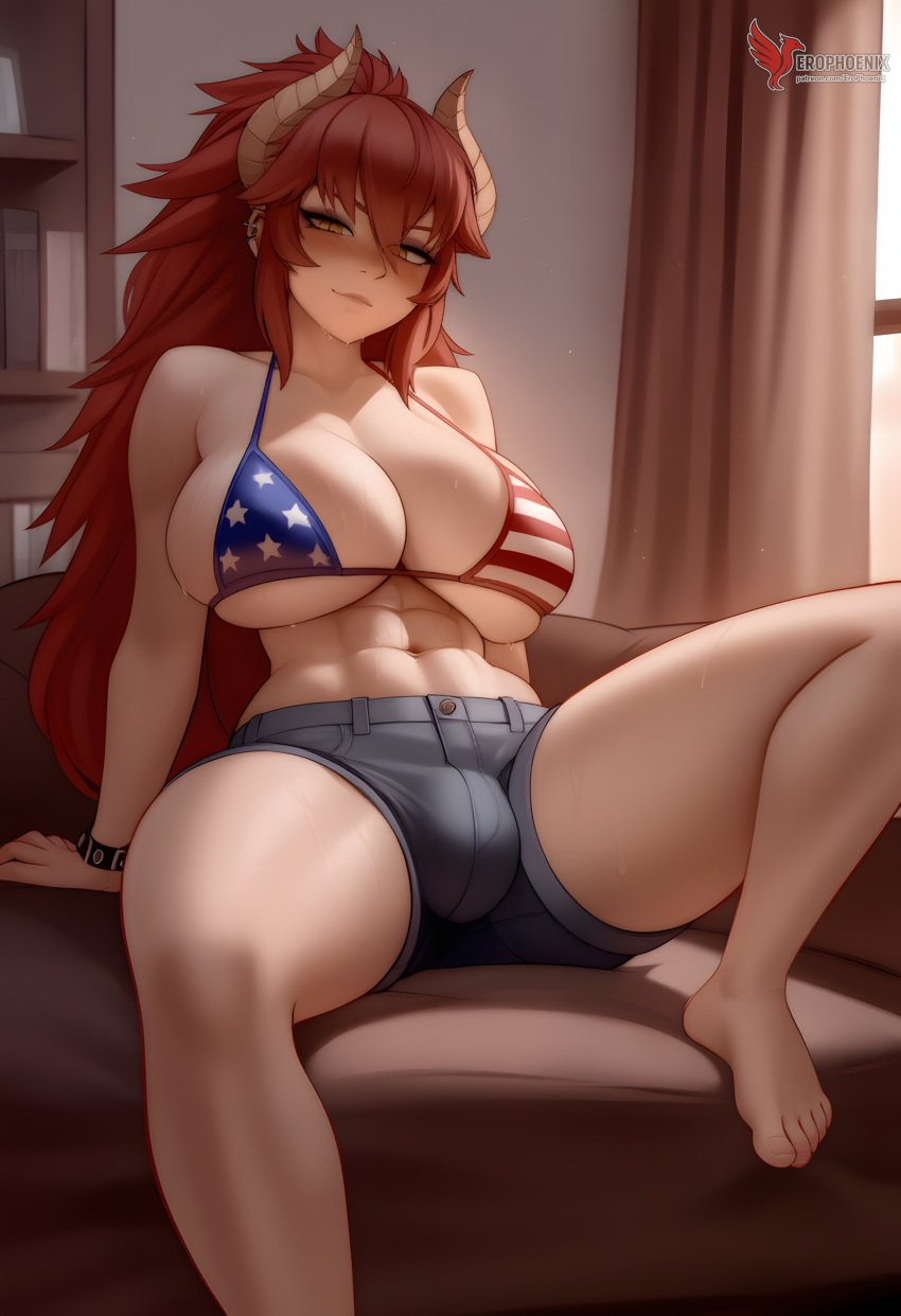 1futa 1girls 2d abs ai_generated american_flag_bikini ass big_ass bikini breasts erection erection_under_clothes erophoenix female female_focus full_body futanari horns large_breasts long-hair looking_at_viewer patreon_username red_hair solo solo_female swimsuit thick thick_thighs uncensored virtual_youtuber vshojo zentreya