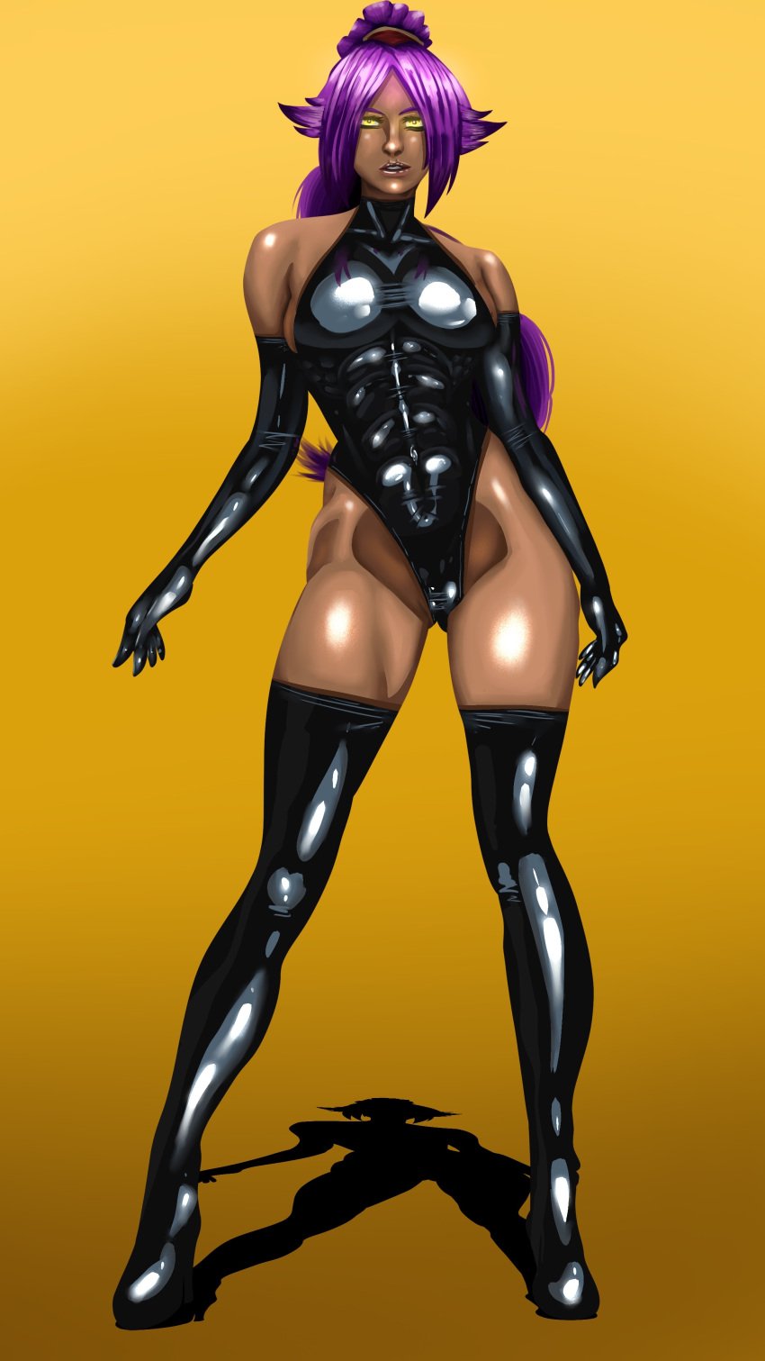 1girls 2d 2d_(artwork) abs absurd_res alternate_version_available athletic athletic_female based_art big_breasts bleach breasts censored dark-skinned_female dark_skin female female_only hi_res high_heels large_breasts latex latex_clothing latex_suit latex_thighhighs long_hair muscles muscular muscular_female oc purple_hair self_upload shihouin_yoruichi six_pack solo solo_female solo_focus voluptuous voluptuous_female yellow_eyes