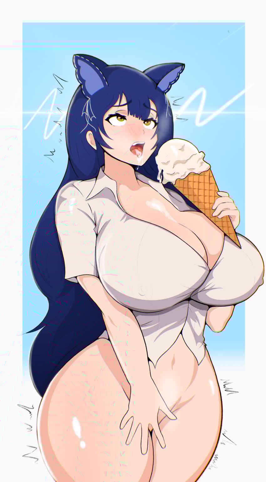 ahe_gao ahegao blue_hair cat_ears catgirl hi_res ice_cream ice_cream_on_breasts large_ass large_breasts long_hair nipples_visible_through_clothing no_bra no_panties snezha snezhok thick_thighs virtual_youtuber vtuber white_shirt yellow_eyes