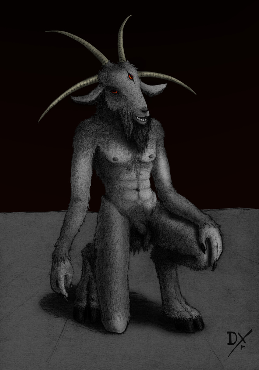 2019 abs absurd_res animal_humanoid anthro balls bovid caprine caprine_demon claws crotch_fur dark_fur dekxer demon fangs flaccid fur fuzzy_balls graphite_(artwork) hand_on_leg hi_res hooves horizontal_pupils horn humanoid kneeling male male_only mammal monochrome navel nipples pencil_(artwork) penis red_eyes teeth traditional_media_(artwork)