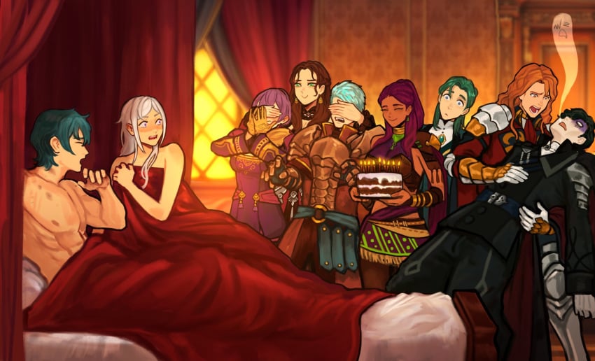 4girls 5boys bernadetta_von_varley byleth_(fire_emblem) byleth_(fire_emblem)_(male) caspar_von_bergliez caught caught_in_the_act dorothea_arnault edelgard_von_hresvelg ferdinand_von_aegir fire_emblem fire_emblem:_three_houses hubert_von_vestra implied_sex linhardt_von_hevring nintendo petra_macneary sethkiel tagme