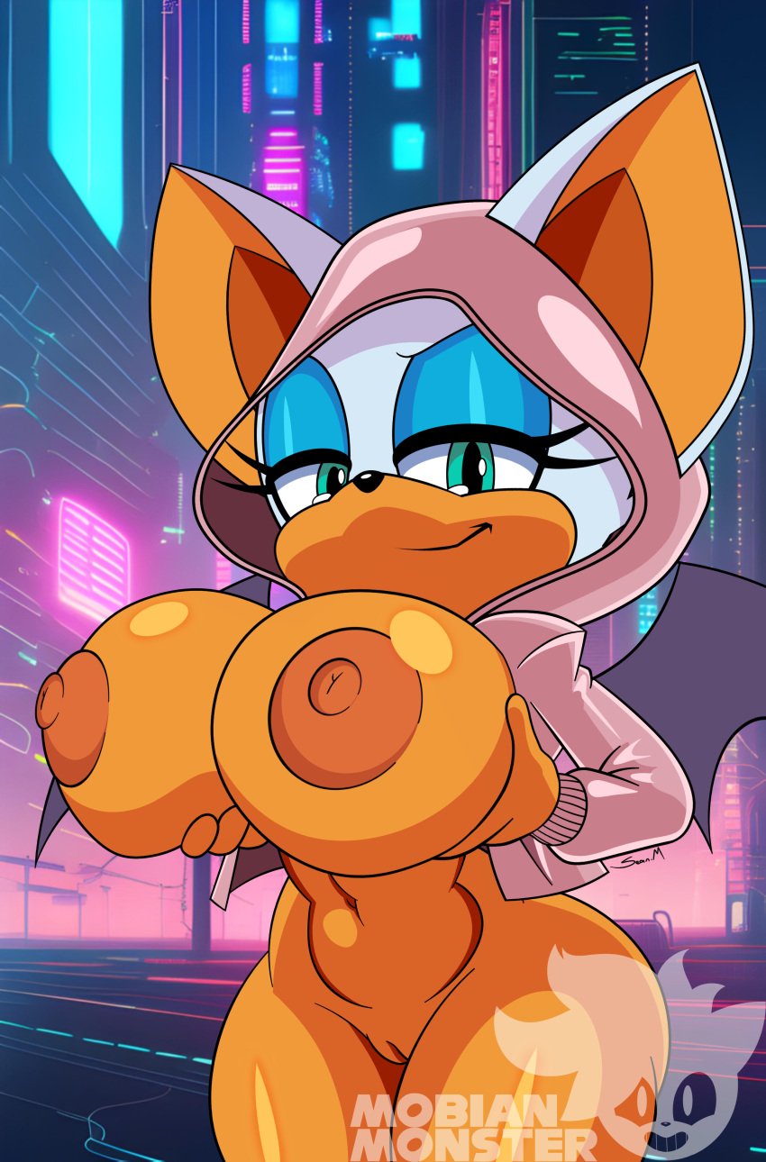 absurd_res anthro areola bat bat_ears bat_wings big_breasts big_nipples blue_eyelids breasts clothing coat curvy_figure duo exposed_breasts female flashing flashing_breasts flashing_pussy genitals glistening glistening_breasts green_eyes hi_res holding_breast huge_breasts jacket leggings legwear mammal membrane_(anatomy) membranous_wings mobian_monster nipples orange_body orange_skin pattern_background pink_clothing pink_jacket pink_topwear plastic_clothing raincoat rouge_the_bat sega simple_background smug smug_face sonic_the_hedgehog_(series) topwear vulva watermark wide_hips wings
