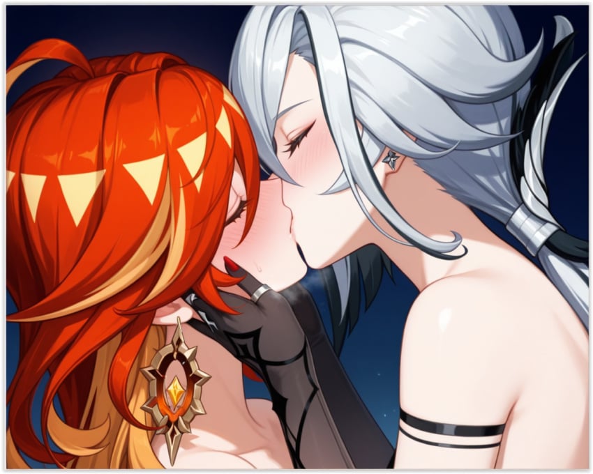 2females 2girls 2women ai_generated arlecchino_(genshin_impact) genshin_impact girl_on_girl lesbian_couple lesbian_domination lesbian_focus lesbian_kiss lesbian_sex mavuika_(genshin_impact) yuri yuri yuri