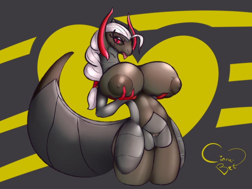 4:3 anthro big_breasts big_tail black_sclera breast_grab breasts cinnabat eye_scar facial_scar female generation_5_pokemon genitals hair hand_on_breast haxorus hi_res horn huge_breasts looking_at_viewer nintendo nipples pokemon pokemon_(species) pokemorph presenting presenting_breasts pupils pussy red_eyes red_pupils red_tongue scar shiny_pokemon smile solo tail tapering_tongue tongue tongue_out vulva white_hair