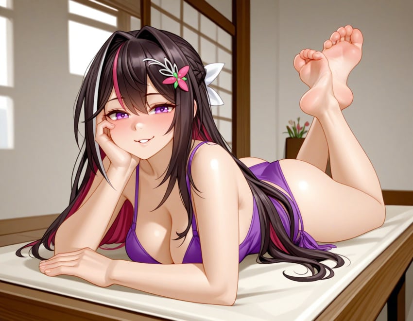 1girls ai_generated ass azki_(hololive) barefoot blush breasts brown_hair cleavage feet feet_up female hololive hololive_gen_0 hololive_japan large_breasts long_hair on_stomach purple_bra purple_eyes purple_panties smile solo the_pose thighs virtual_youtuber