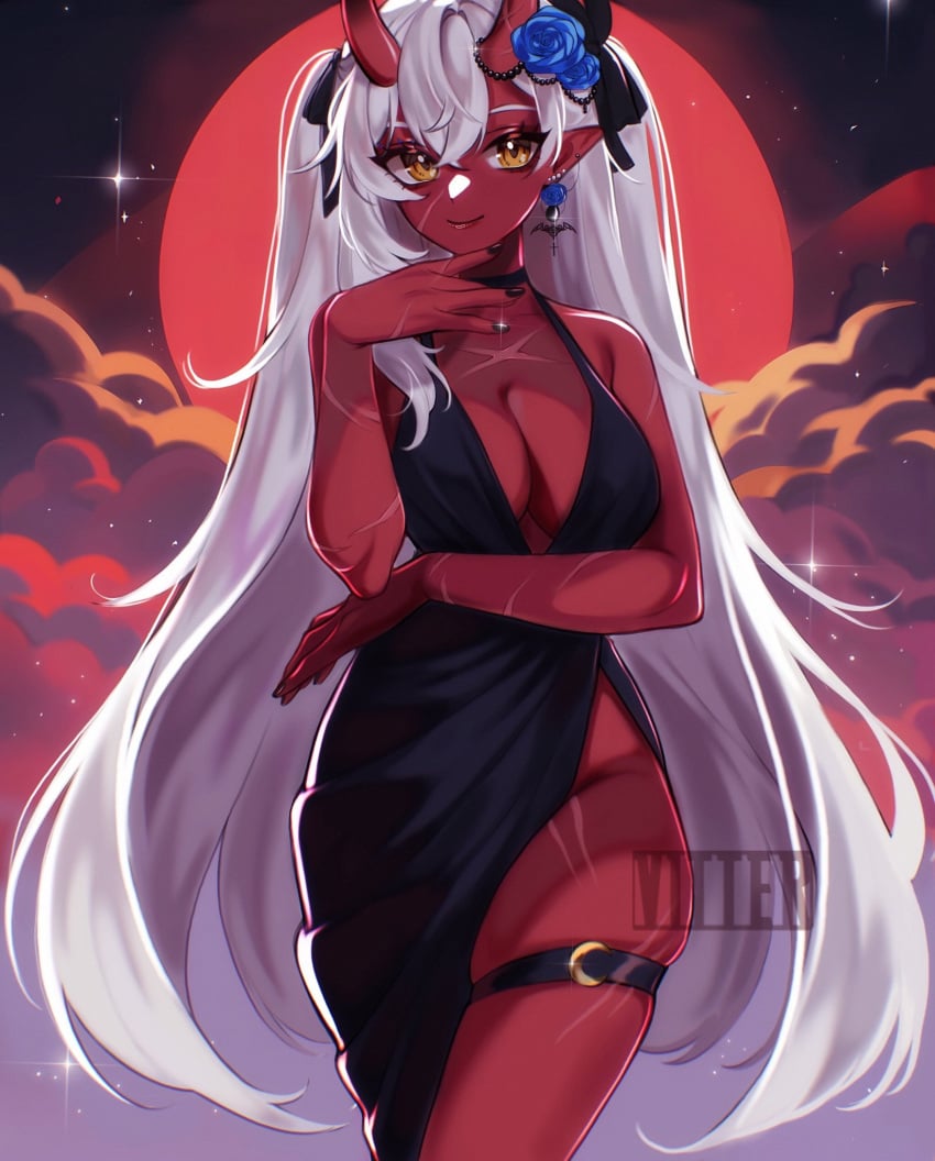 akumi bare_shoulders black_nails breasts choker cleavage dark_skin dress earrings elbow_gloves female fingernails flower full_moon gloves hair_flower hair_ornament hand_to_own_mouth horns jewelry long_hair looking_at_viewer moon nail_polish oni_horns pointy_ears red_moon red_nails red_skin side_slit sky smile solo thigh_strap very_long_hair vyugen white_hair yellow_eyes