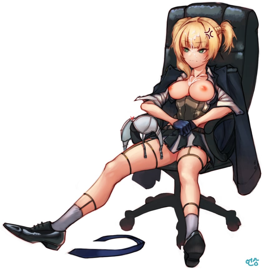 absurdres anger_vein bangs black_footwear black_gloves blonde_hair blunt_bangs blush bra bra_removed breasts breasts_out chair cleavage cum cum_on_body cum_on_breasts cum_on_hair cum_on_upper_body eonsang eyebrows_visible_through_hair facial female girls'_frontline gloves green_eyes highres jacket_on_shoulders necktie necktie_removed nipples pleated_skirt simple_background sitting skirt spread_legs sweatdrop thigh_strap two_side_up underwear vest welrod_mkii_(girls'_frontline) white_background white_bra white_legwear