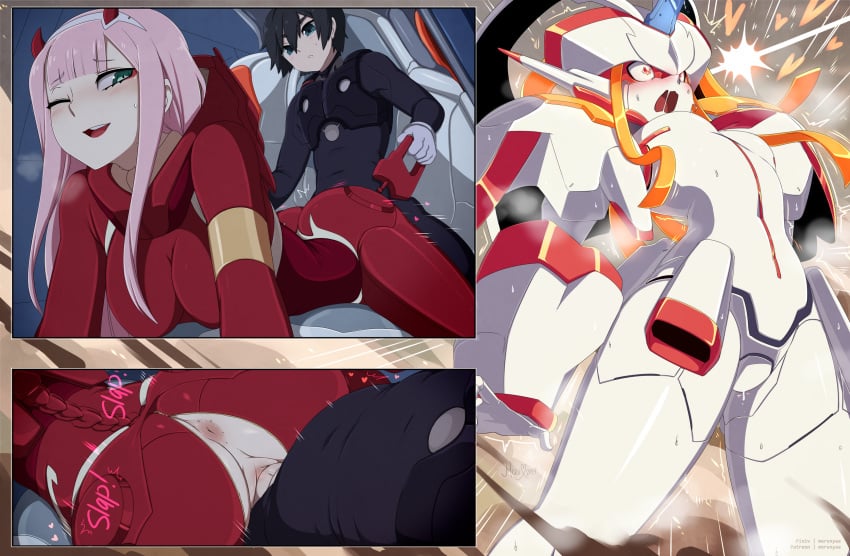 anus black_hair blue_eyes bodysuit clothing cockpit darling_in_the_franxx female green_eyes hiro_(darling_in_the_franxx) horns human humanoid light_skin long_hair male merunyaa orgasm_face pale_skin penis pink_hair sex straddling straight strelizia vagina vaginal_penetration vaginal_sex zero_two_(darling_in_the_franxx)