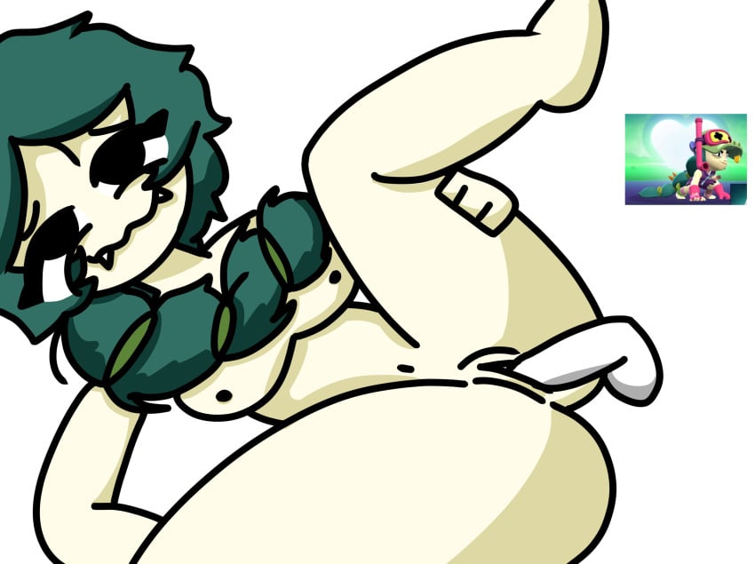 1boy 1girls alli_(brawl_stars) big_butt big_thighs brawl_stars breasts dick fangs fat_ass female green_hair male pussy sharp_teeth supercell white_dildo