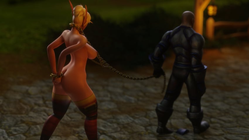 1boy 1girls 3d alliance_dominance arms_behind_back big_ass big_breasts bitch_taken_for_walk blizzard_entertainment blonde_hair blood_elf chain_leash chains dark-skinned_male dark_skin human human_(world_of_warcraft) leash light-skinned_female light_skin male maledom morilymory nipple_piercing nipple_rings nude original_character pussy restrained sarisia_sunfeast thick_thighs thighhighs voluptuous voluptuous_female warcraft wide_hips world_of_warcraft